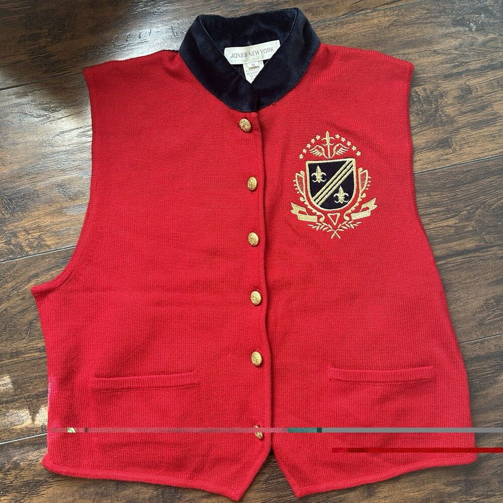 Jones New York Vintage Red Button Down Sweater Vest LambsWool Mix Preppy Medium